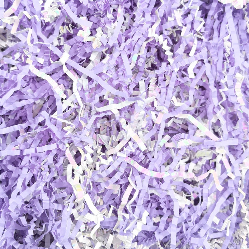 Amsthow Shredded Paper Gift Basket Stuffing 1/2 LB Diamond White and Purple Crinkle Cut Box Wrap Filler Basket Raffia Grass for Easter Decoration - Image 1